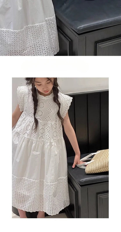 Cotton Medium To Large Children's Clothing Lace White Dress Girls' Princess Little Fresh Vest Dress 2025 Summer New Style