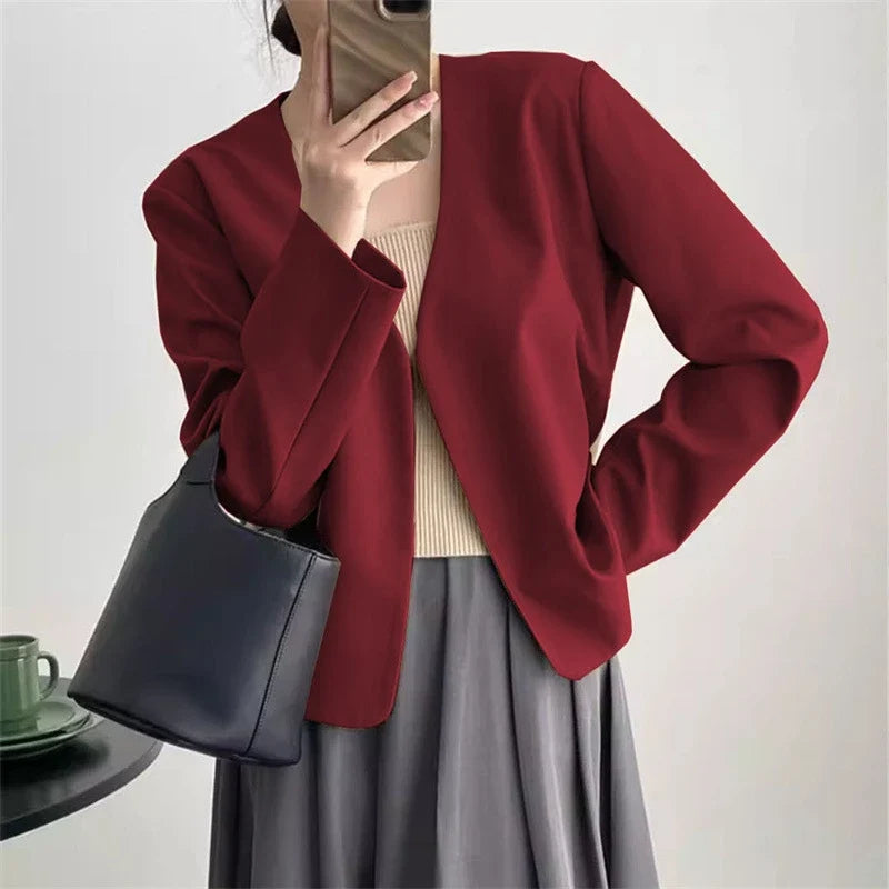 2025 Spring Autumn Fashion New Women's Suit Jackets Solid Short Coats Korean Blazers Long Sleeve Cardigan Coat Without Placket