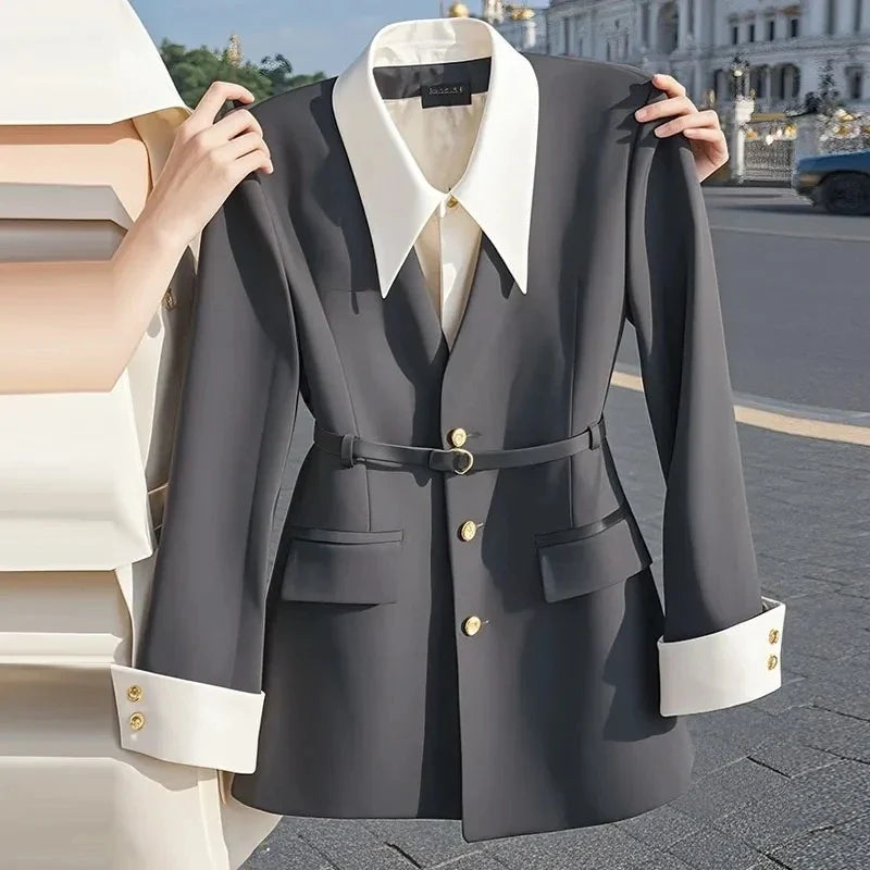 Women's Suit Coat 2025 Spring Autumn Advanced Popular Ladies  Blazer Jacket Casual Fake Two Items Temperament Lady Outerwear