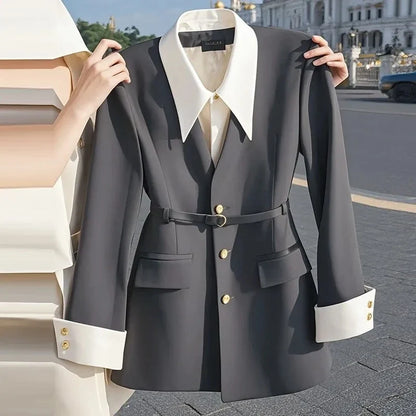 Women's Suit Coat 2025 Spring Autumn Advanced Popular Ladies  Blazer Jacket Casual Fake Two Items Temperament Lady Outerwear