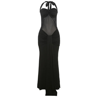 Halter Mesh Patchwork Dress Women Summer Trend Off Shoulder Backless Ruched Ribbon Midnight Prom Party Hipster Vestidos