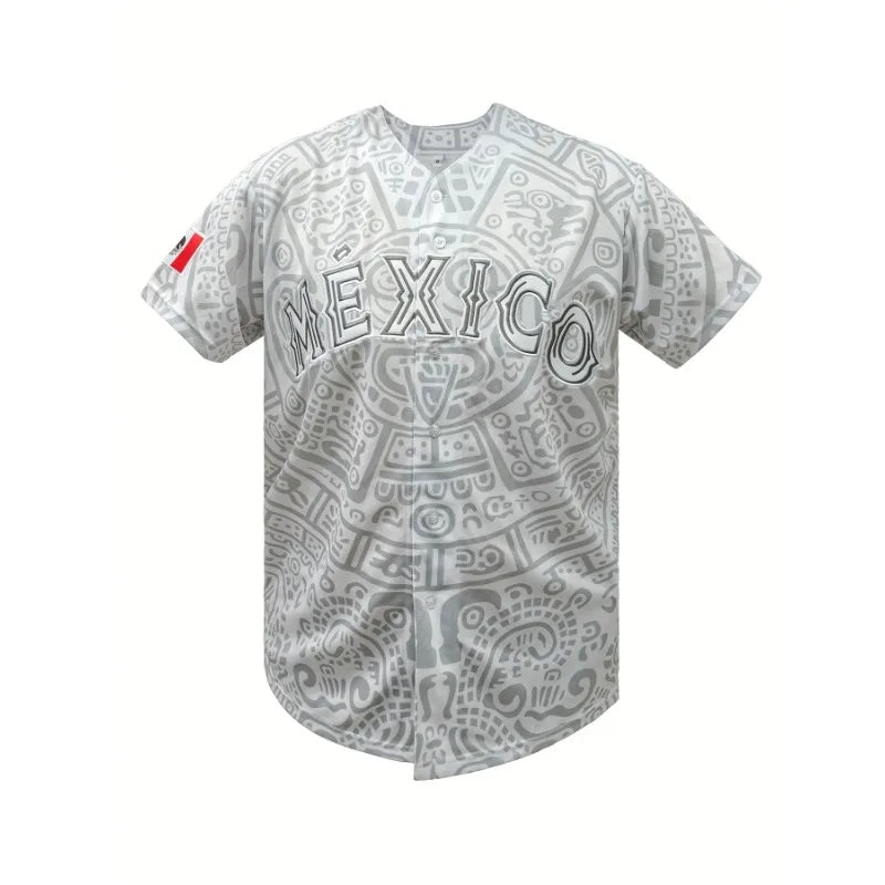 Men's Baseball Jersey Short Sleeve with "MEXICO" Embroidery Breathable Loose Fit for Casual Parties, Sports & Outdoor Activities