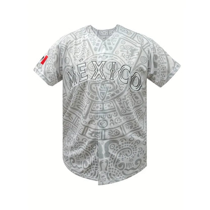 Men's Baseball Jersey Short Sleeve with "MEXICO" Embroidery Breathable Loose Fit for Casual Parties, Sports & Outdoor Activities