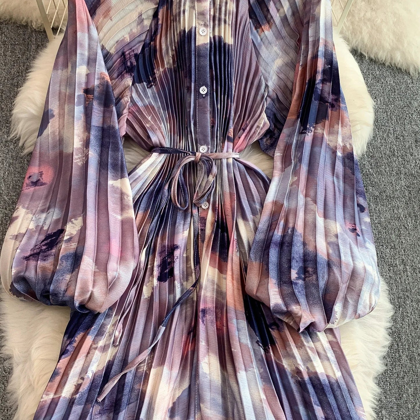 Ele Printed round Ne Lantern Sve Dr Women's Single Button Waist Cinch Maxi Skirt Long Dr Commute Sle Autumn