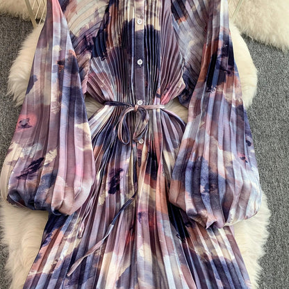 Ele Printed round Ne Lantern Sve Dr Women's Single Button Waist Cinch Maxi Skirt Long Dr Commute Sle Autumn