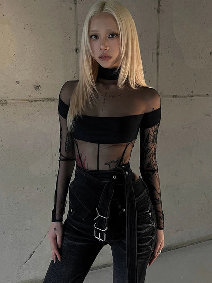 Weird Puss Coquette See Through Bodysuit Women Sexy Wild Mesh Hipster Patchwork Full Sleeve Midnight Stretch Street Clubwear