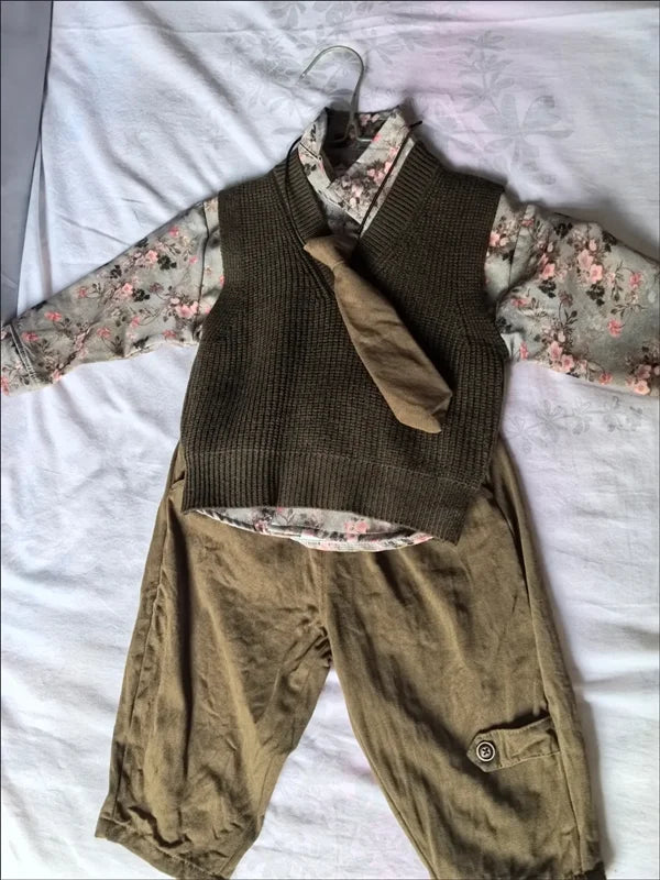 Autumn floral Style Kid Boys 3PCS Clothes Set Cotton Tie Collar Shirts Knitted Sticker Vest Solid Pants Suit Toddler Boys Outfit