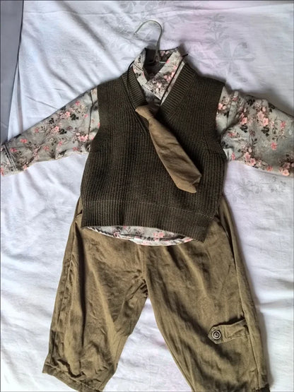 Autumn floral Style Kid Boys 3PCS Clothes Set Cotton Tie Collar Shirts Knitted Sticker Vest Solid Pants Suit Toddler Boys Outfit