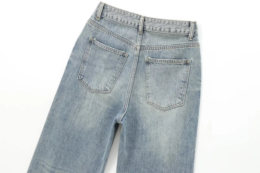 Wide-leg high-waisted jeans  women's classic everything with five pockets washed soft comfortable ultra-long jeans6045022