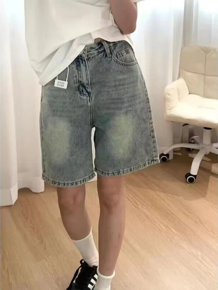 2026 New American Vintage Straight Denim Shorts Woman Summer High-Waisted Solid Jeans Women's Short Pants