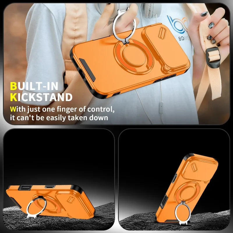 Luxury Heavy Duty Rugged Armor Magnetic Bracket Case For iPhone 17Air 16 15 14 17 Pro Max Plus Slide Camera Protection PC Cover