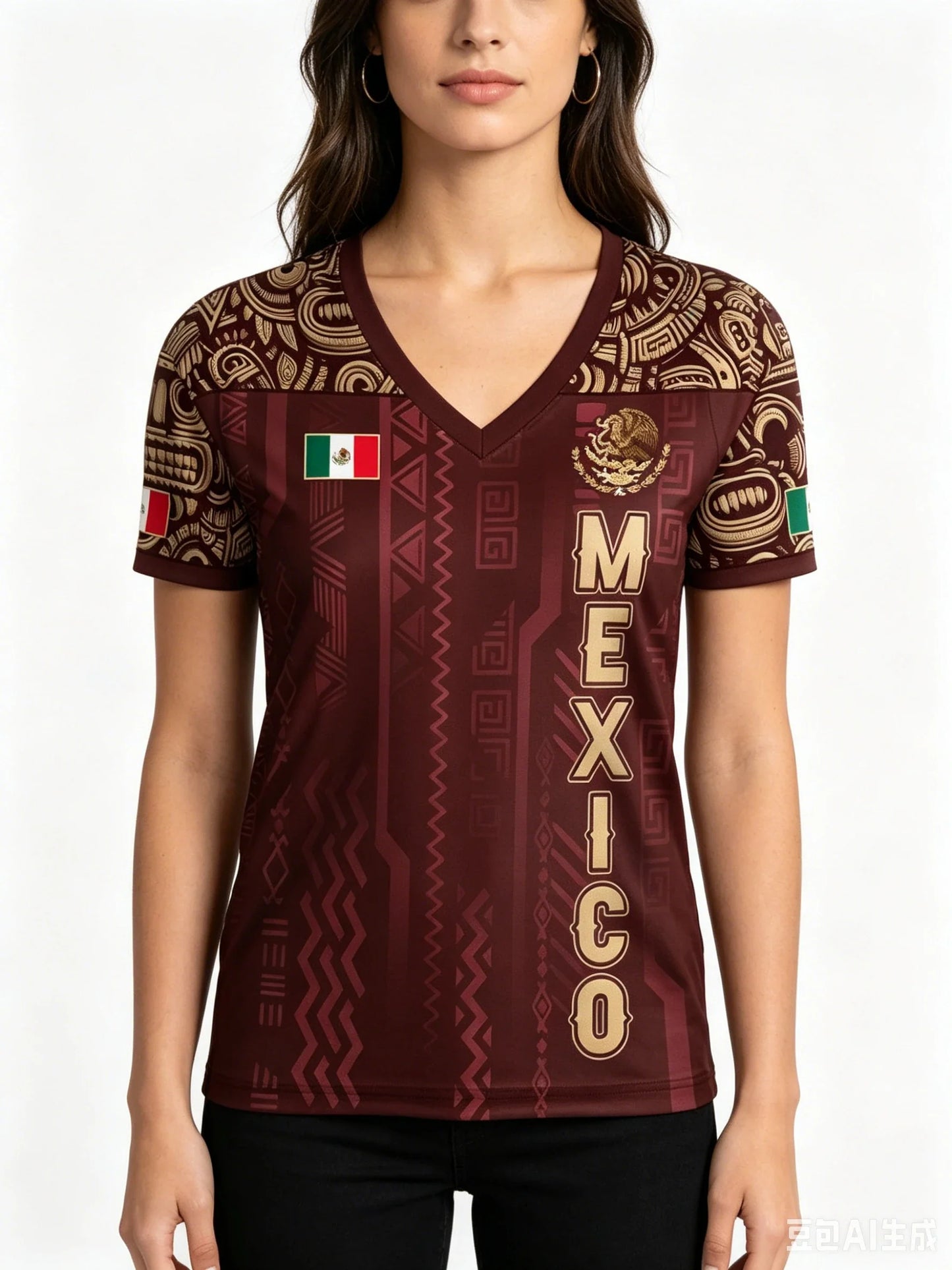 Mexico National Flag 3D Eagle Print Women's T-Shirts Casual V-neck Short Sleeve Tees Fashion Football Fan Summer Female Clothing
