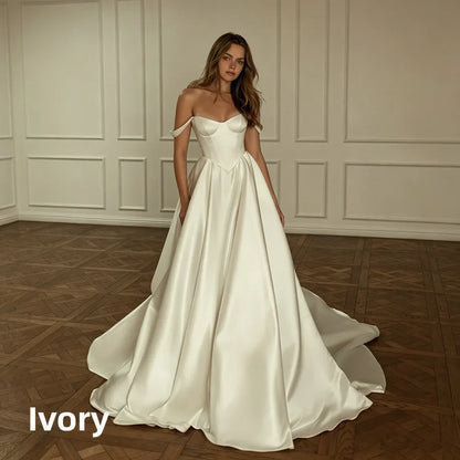 Off Shoulder Sweetheart Satin A-Line Wedding Dress Corset Bodice Chapel Train Elegant Simple Bridal Gown For Women Wedding Party