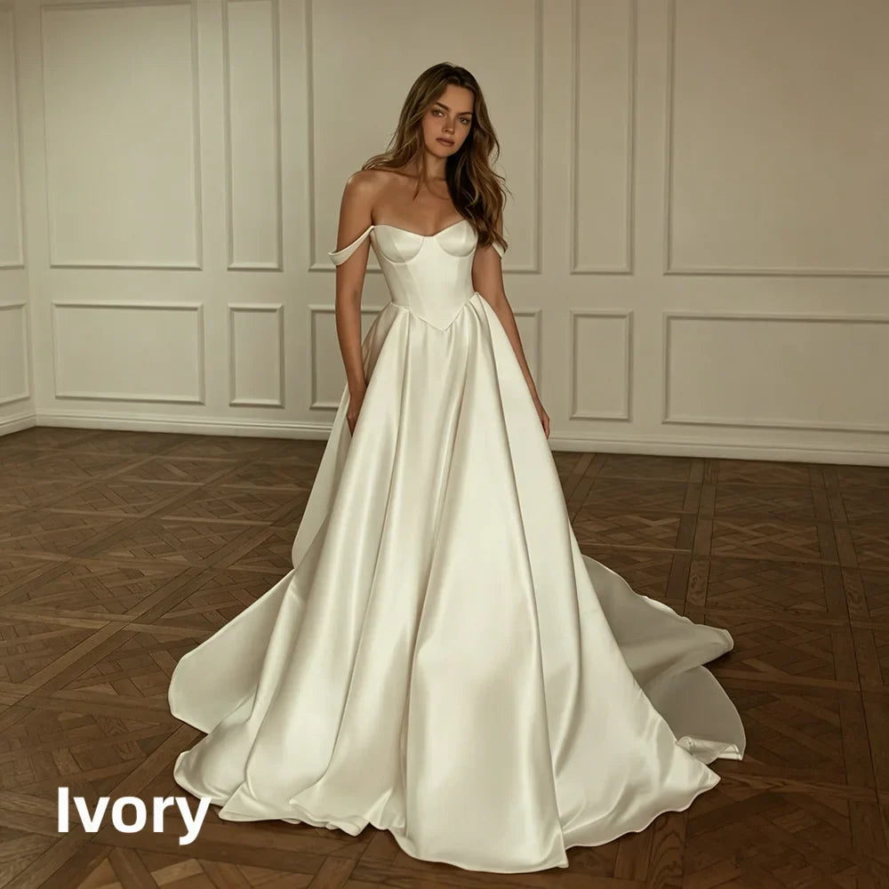Off Shoulder Sweetheart Satin A-Line Wedding Dress Corset Bodice Chapel Train Elegant Simple Bridal Gown For Women Wedding Party
