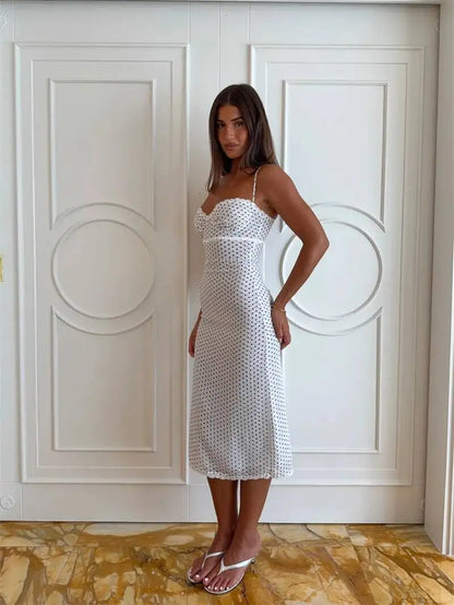 Polka Dot Spaghetti Strap Sexy Midi Dress Women Elegant Off-shoulder Backless Sleeveless Bodycon Club Party Dress