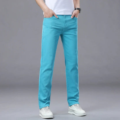 Spring New Men's Casual Jeans Fashion Korean Elastic Cotton Denim Pants Youth Trend Solid Color Fit Straight Trousers