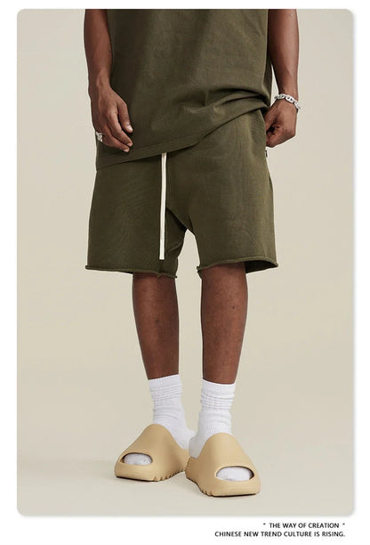 New Summer Men Retro Washed Shorts Unisex Drawstring Loose Edge 420gsm Solid Knee Length Cotton Pants Streetwears HY0589