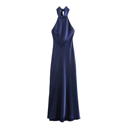 Dress for Women Fashion 2024 Autumn New Bow Sexy Backless French Elegant Halter Neck Satin Texture Midi Dresses