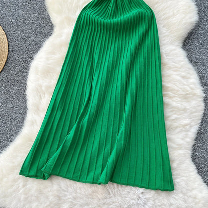 Knitted Pleated Long Dress High Waist Midi Sling Dress Elegant Sleeveless Yellow Dress Women Streetwear Black Bodycon Dress