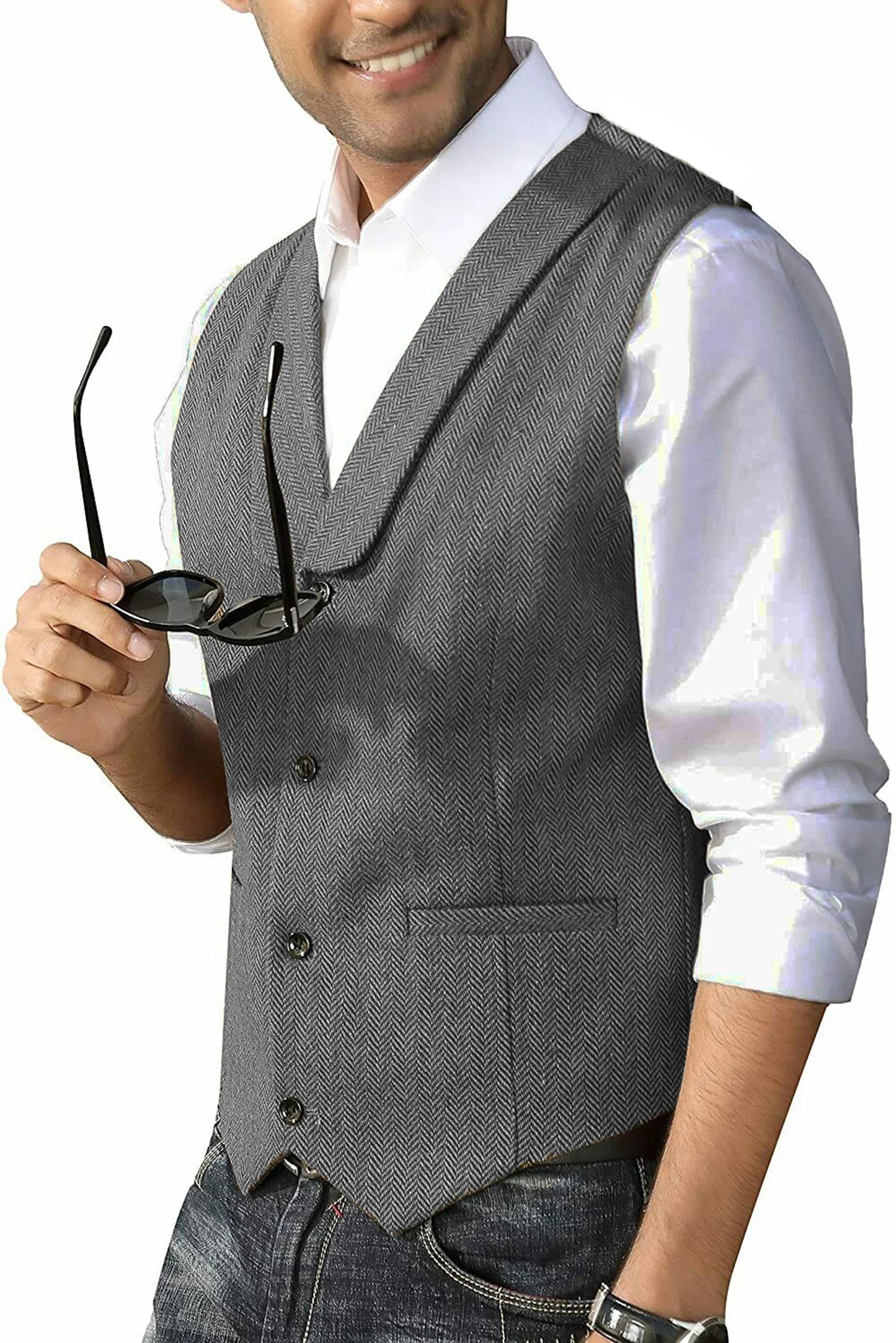 Men's Casual Suit Vest Shawl Lapel Wool Tweed Herringbone Dress Waistcoat for Wedding Party Dinner Herringbone Vests