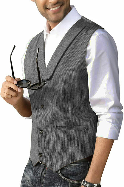 Men's Casual Suit Vest Shawl Lapel Wool Tweed Herringbone Dress Waistcoat for Wedding Party Dinner Herringbone Vests