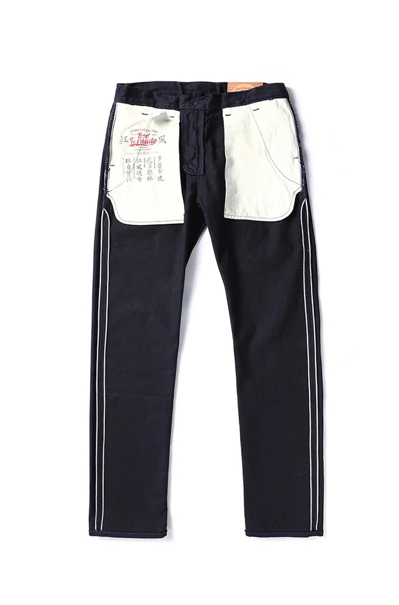 Blue-Black Officer Trousers Slim Straight Fit 14oz Indigo Selvedge Denim Jeans