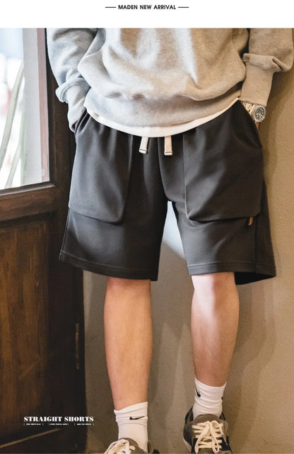 Casual Heavyweight Knit Shorts for Men Straight Loose Large Pockets Sports Short Sweatpants Elastic Waist Athletic Shorts