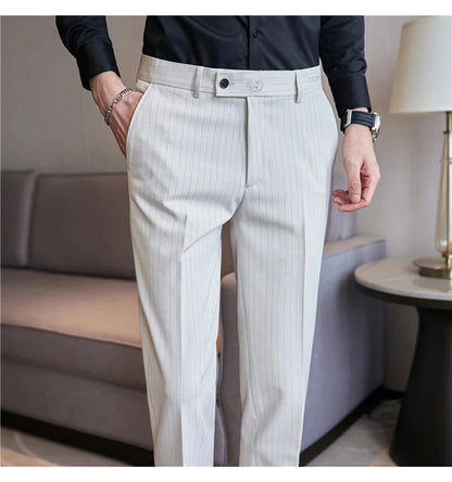 New Korean Style Fashion Striped Embroidery Suit Pants Men's Business Slim Casual Straight Pants Formal Wedding Party Trousers
