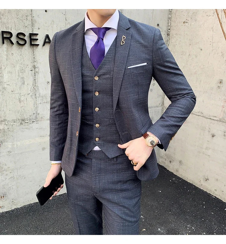 High Quality Slim-fit Men's Three-piece Suit with Vest And Trousers - Double Buckle Wedding Art Fabric Tough Man Suit