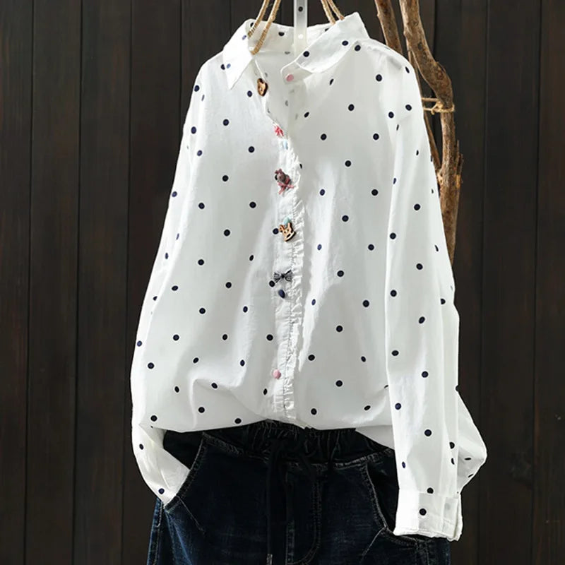 2026 Korean style clothes women spring cotton white polka dot print shirts long sleeve blouses Middle-aged women's clothing