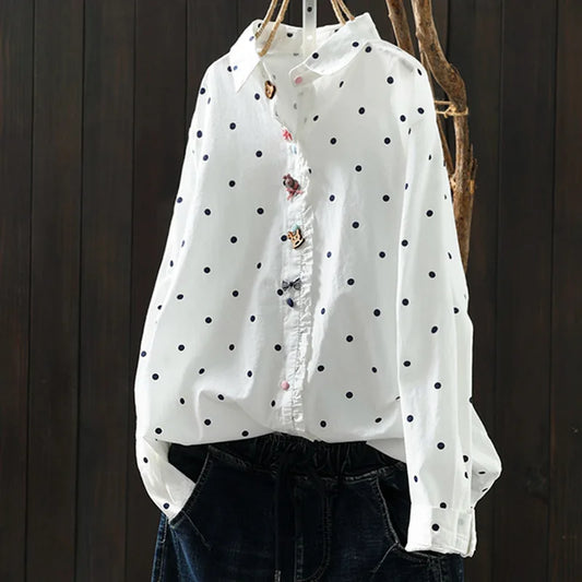 2026 Korean style clothes women spring cotton white polka dot print shirts long sleeve blouses Middle-aged women's clothing