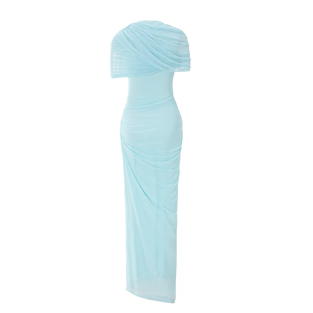 Women Elegant Bodycon Maxi Dress Ruffled Long Mesh Dress Sexy Blue Vacation Wedding Guest Party Dresses