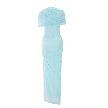 Women Elegant Bodycon Maxi Dress Ruffled Long Mesh Dress Sexy Blue Vacation Wedding Guest Party Dresses