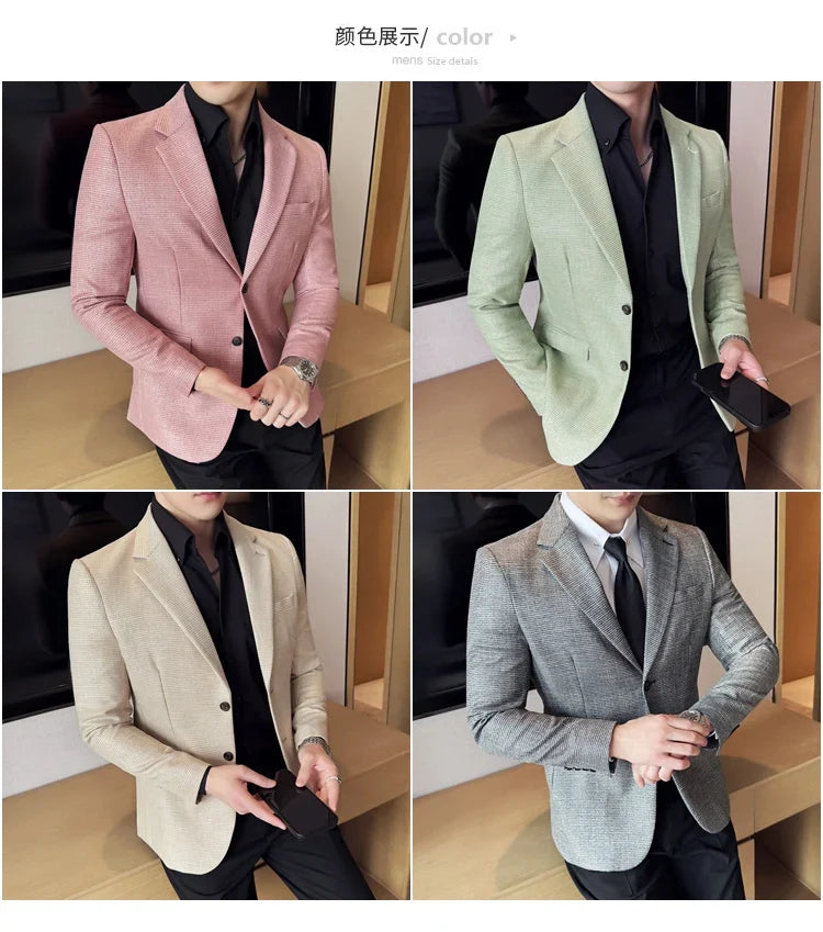 Bright Silk Thousand Bird Grid Suit Jacket Korean-style Business Fashion Slim Fit Single Breasted Men Social Party Dress Coats