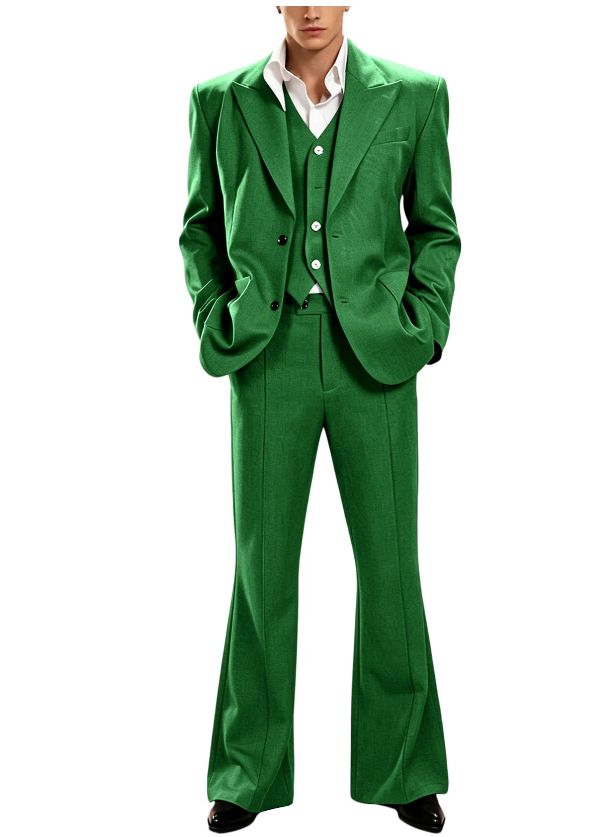 Vintage Men's 3 Piece Suit Set Peak Lapel Slim Fit 2 Button Double Breasted Blazer Vest Flared Pants for Formal Business Wedding
