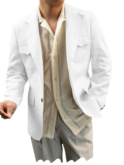 Classic Men's Linen Blazer Notched Lapel Slim Fit Breathable Elastic Suit Jacket with Flap Pockets for Wedding Prom Daily Wear