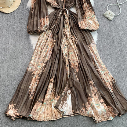Ele Printed round Ne Lantern Sve Dr Women's Single Button Waist Cinch Maxi Skirt Long Dr Commute Sle Autumn
