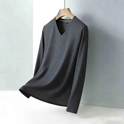 Minimalist Men's V-neck Long Sleeve T-shirt Soft Knitted Fabric Comfortable Top for All Seasons