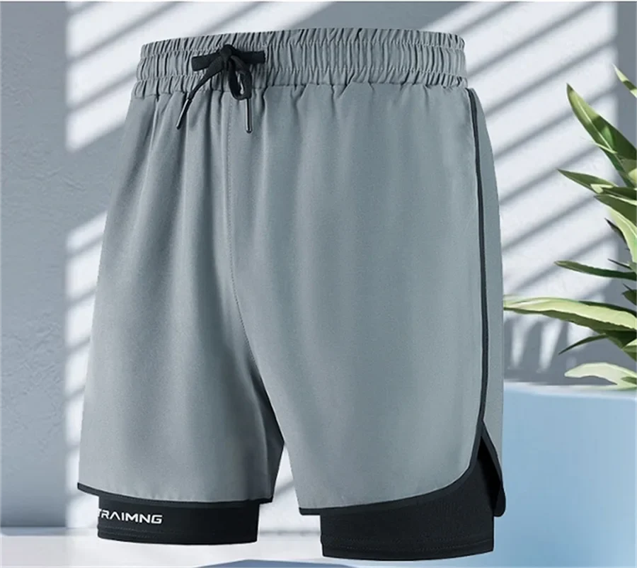Men Fitness Built-in pocket sports Shorts Summer 2 In 1 Quick Dry Gym Beach shorts Running Double-deck Shorts Outdoor sweatpants