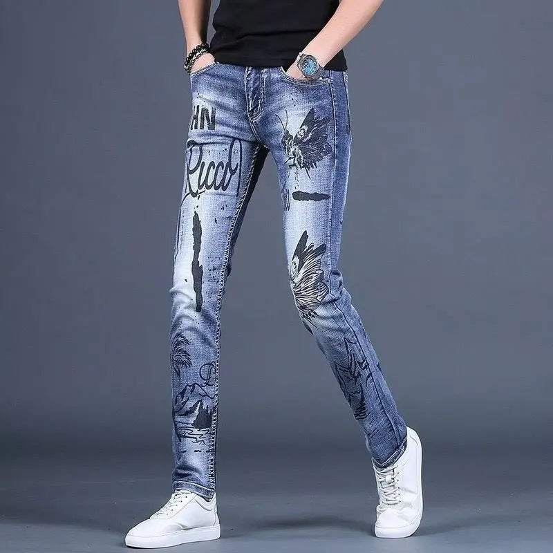 High-End Men's Slim Fit Jeans with Zipper Splicing Elastic Casual Long Trousers Trendy Retro Style Cotton Stretch Denim