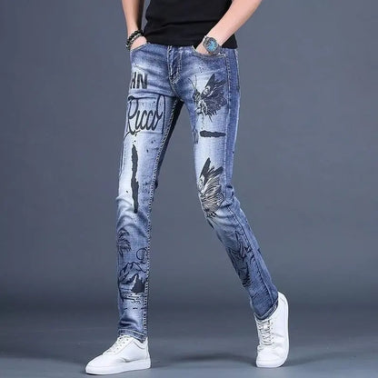 High-End Men's Slim Fit Jeans with Zipper Splicing Elastic Casual Long Trousers Trendy Retro Style Cotton Stretch Denim