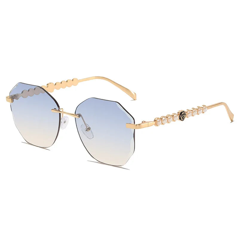 Women's Rimless Cut Edge Sunglasses Pearl Temple Gradient Lens Sun Glasses Elegant Y2K UV400 Shades Luxury Metal Fashion Eyewear