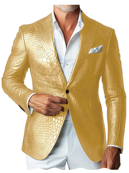 Luxury Men's Crocodile Embossed Leather Blazer Notch Lapel Suit Fit 1 Button Jacket Shiny Croc Print Formal Business Party Coat
