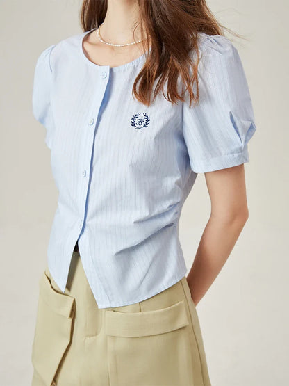 Light Blue Striped All-Match Casual Shirt For Women 2024 Summer Short Sleeve New Design Slim Female Shirt 24FS12268