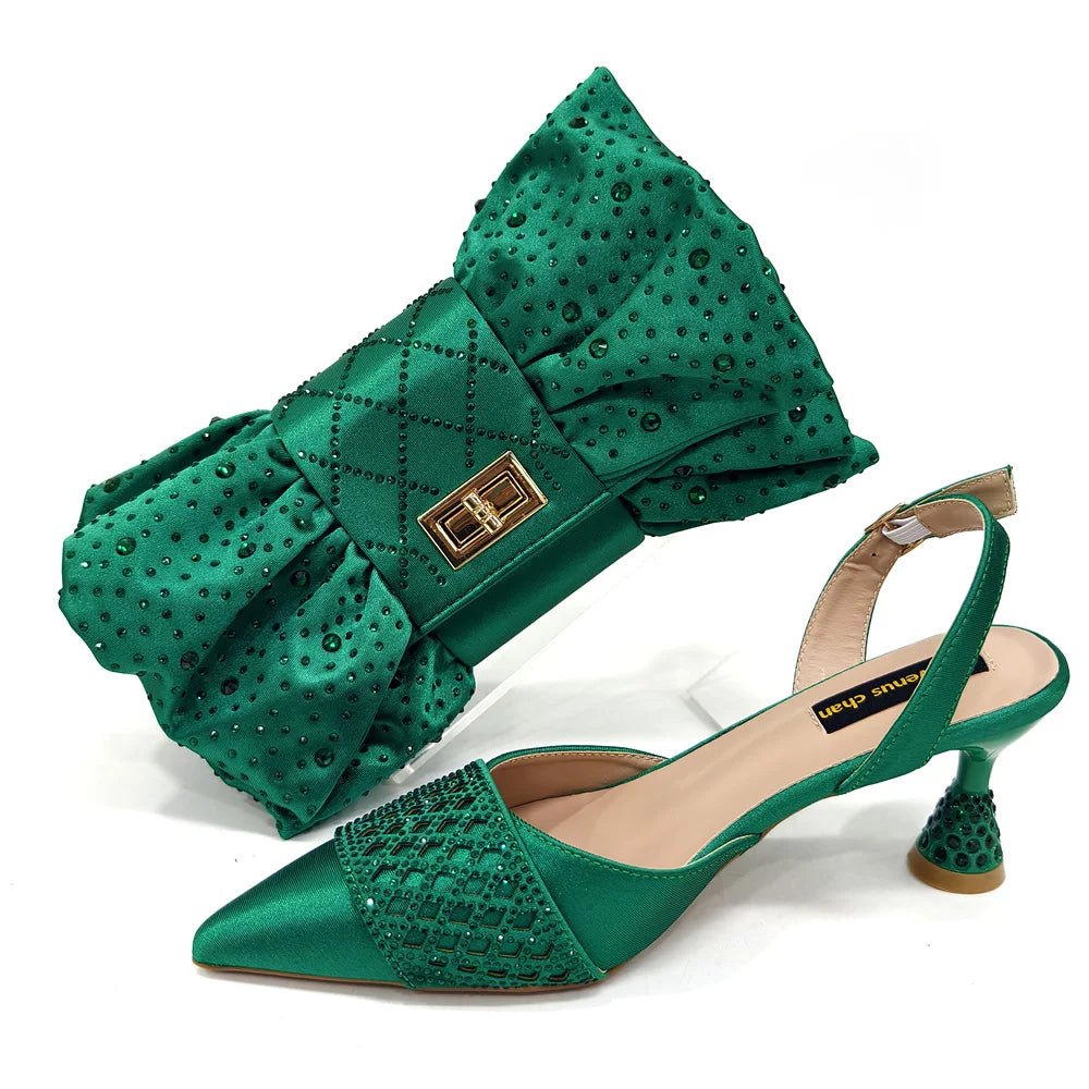 2025 New Summer Collection Stylish Italian Women’s Shoes and Bag Set in Gold Colour - Comfortable Mid Heels With Rhinestones