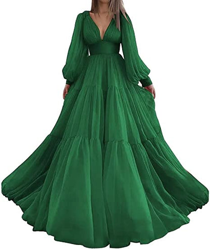 Pleat Tulle Princess Prom Gown V-Neck Long Puff Sleeve Plus Size Evening Gown Elegant Dress Women for Wedding Party