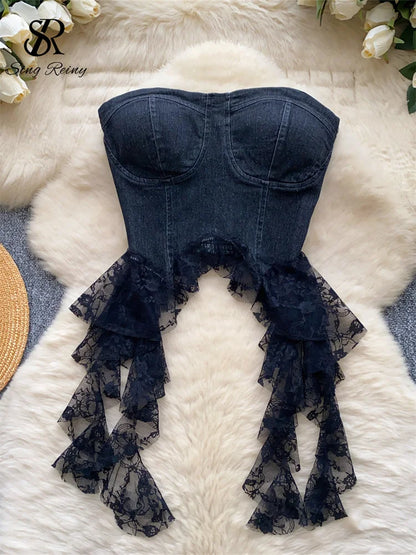 Lace Splice Denim Tops Female Strapless Sleeveless Elastic Slim Fit Camsiole Summer Streetwear Irregular Tank Tops