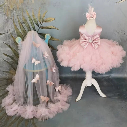 Puffy Girl Dress Pink Baby Dress with Train Flower Girl Dress Bow Cute Kid's Child Birthday Dresses Frist Communion