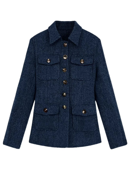 Men's Herringbone Wool Blend Blazer Jacket Notch Collar Utility Multi-Pocket Casual Overcoat For Spring Autumn