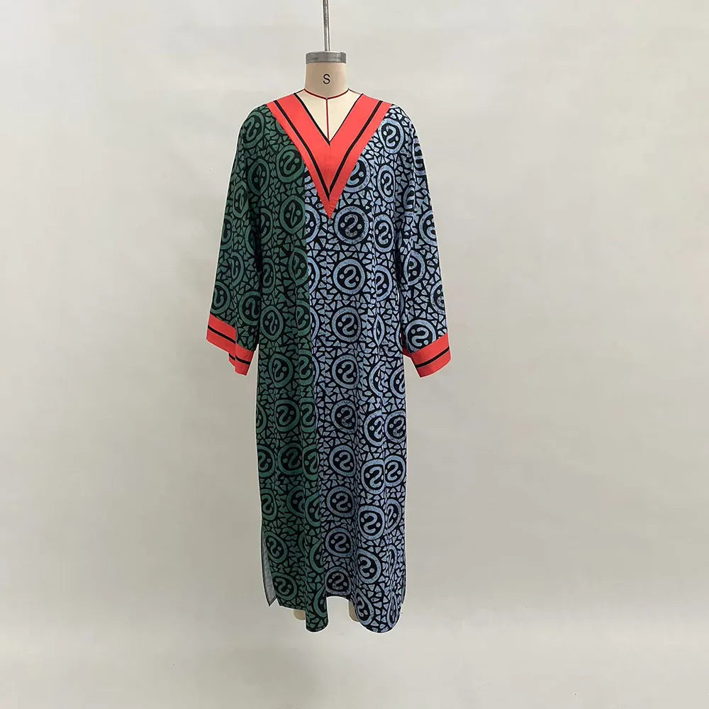 Elelgant V-Neck Simple Loose Dress Women 2025 Spring Summer Holiday Printing Patchwork Maxi Dress Casual